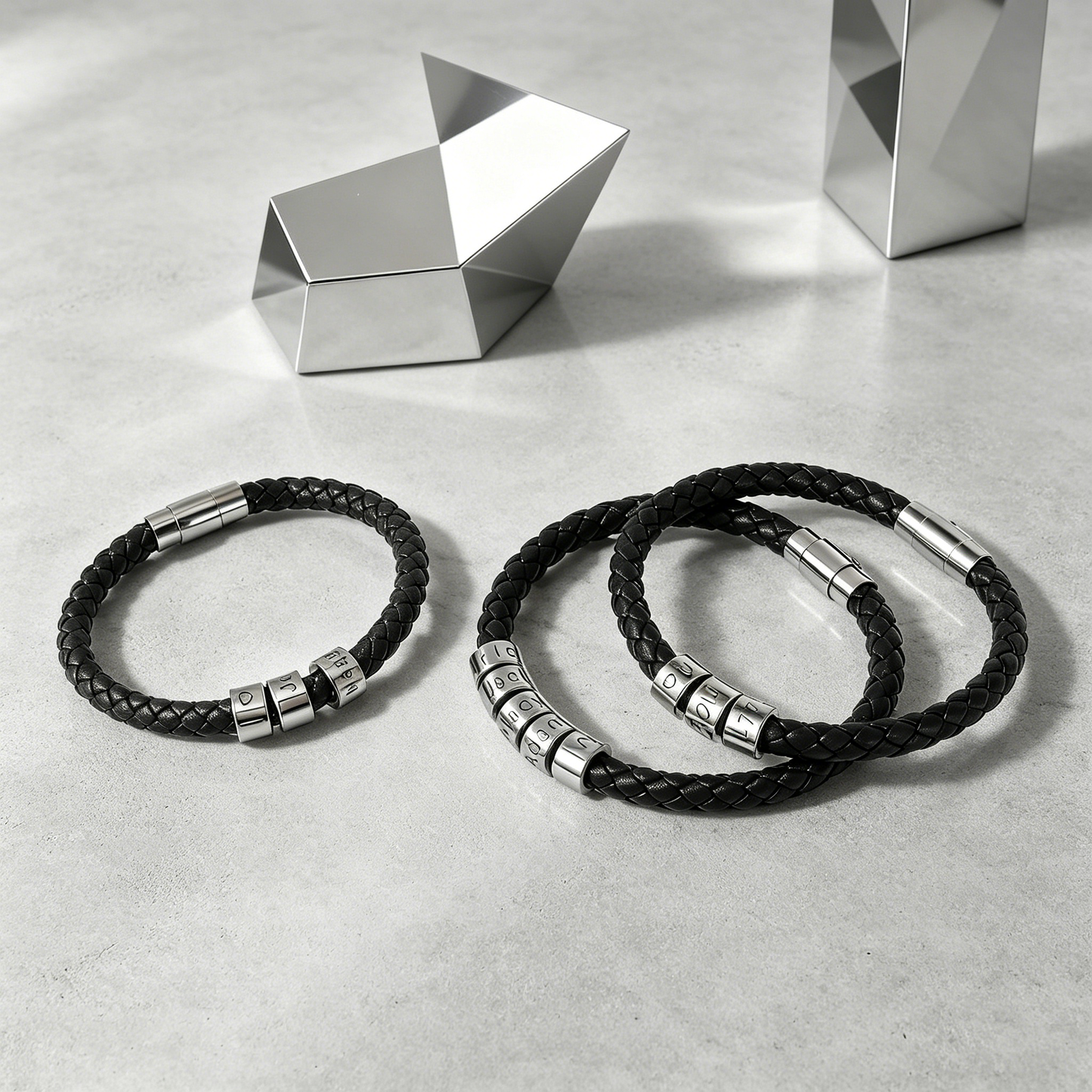 Personalized Mens Leather Bracelet: Custom Sterling Silver Beads