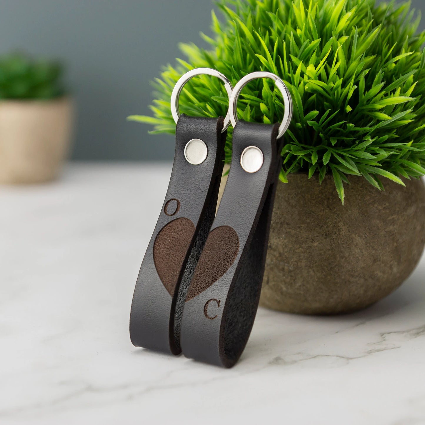 Personalised Leather Keyring Monogram Initials - Couples Gift Pair of Keyrings Valentines Hearts Love Married BF GF Christmas Birthday