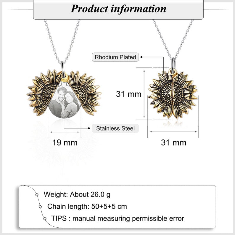 Personalized Sunflower Necklace, Custom Engraved Photo Memory Necklace for Mom, Picture Memorial Locket Necklace, Christmas Gifts for Her