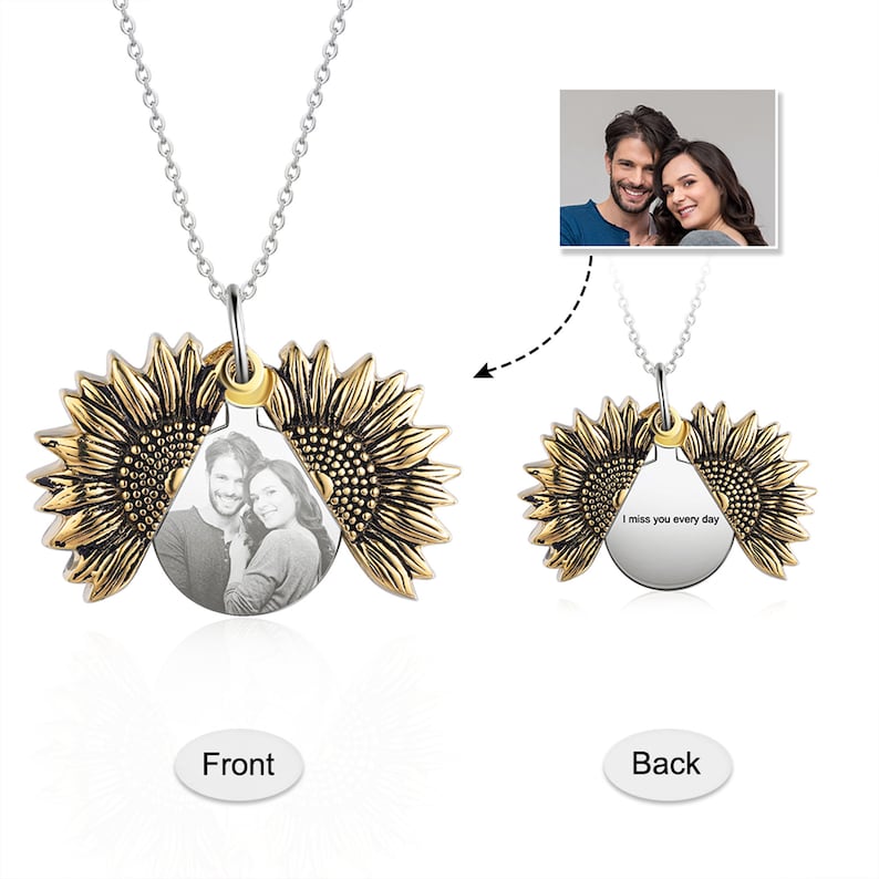 Personalized Sunflower Necklace, Custom Engraved Photo Memory Necklace for Mom, Picture Memorial Locket Necklace, Christmas Gifts for Her