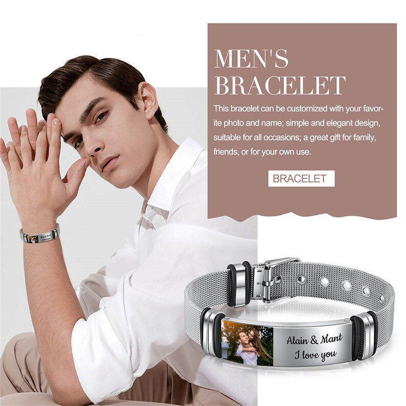 Custom Color Photo Engraved Name Strap Bracelet Adjustable Stainless Steel Pirture Image Personalized Gifts for Men Father (Black/Silver)