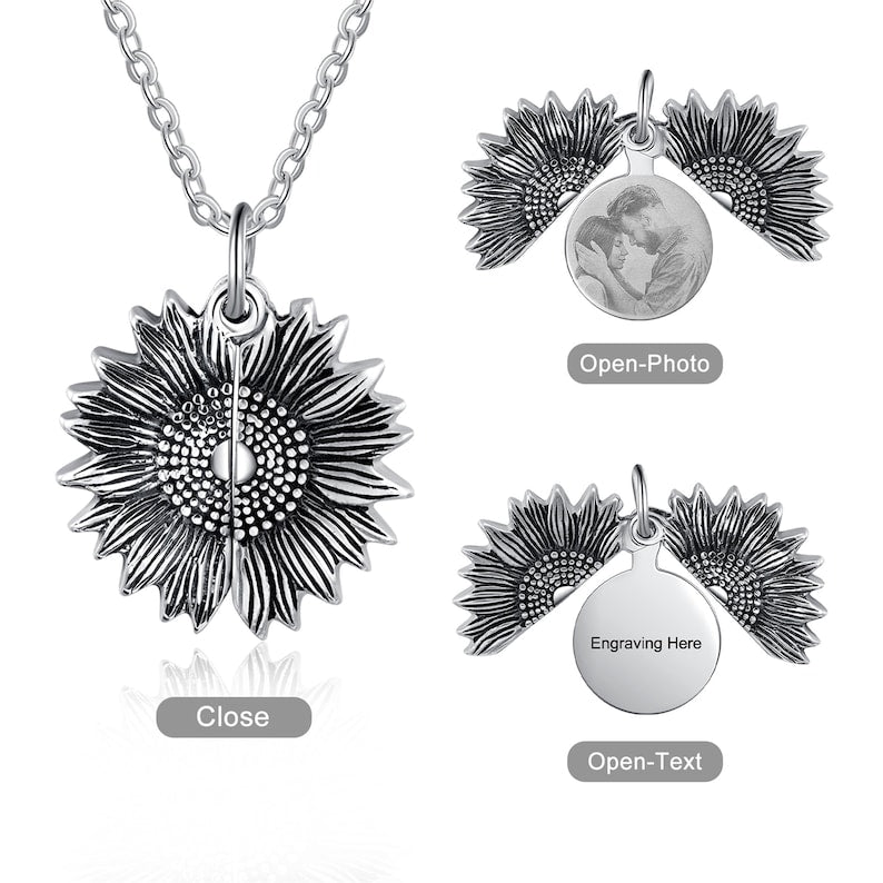 Personalized Sunflower Necklace, Custom Engraved Photo Memory Necklace for Mom, Picture Memorial Locket Necklace, Christmas Gifts for Her