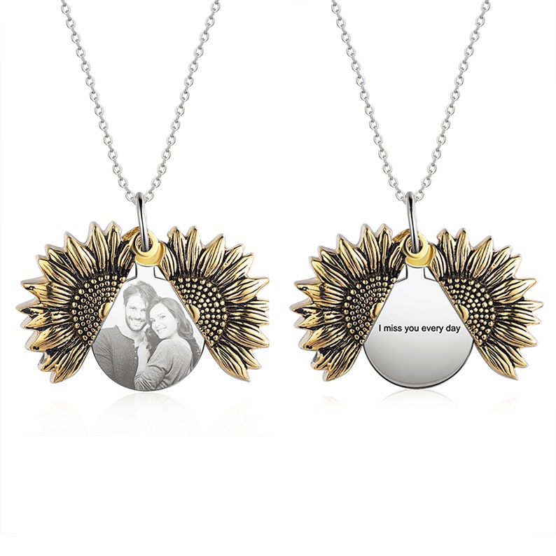 Personalized Sunflower Necklace, Custom Engraved Photo Memory Necklace for Mom, Picture Memorial Locket Necklace, Christmas Gifts for Her