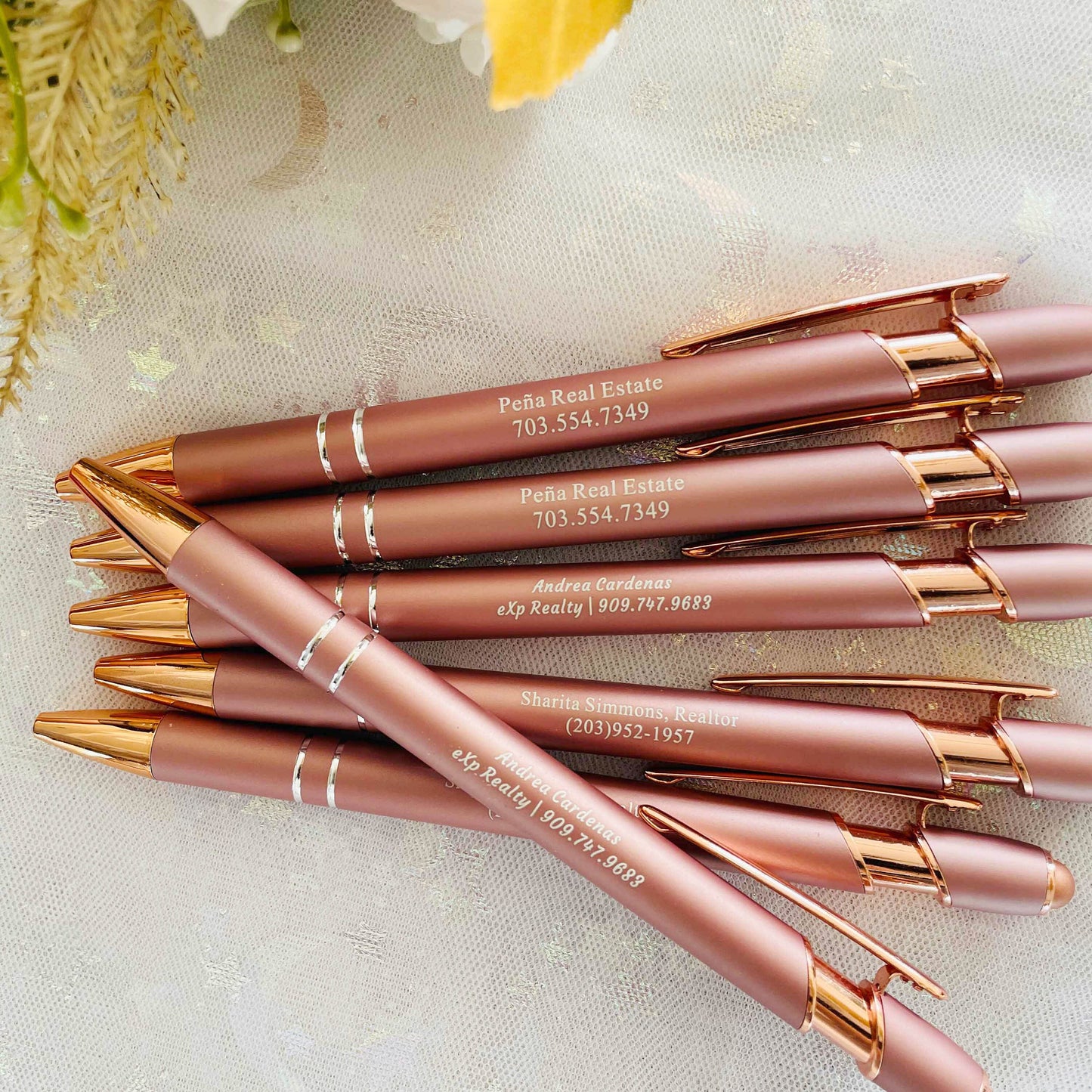 Personalized Business Pens Rose Gold Trim, Custom Ballpoint Pens with Stylus