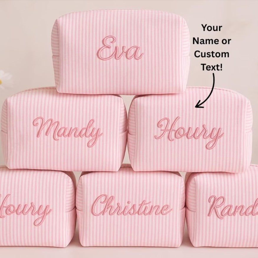 Personalized Seersucker Makeup Bag: Embroidered Cosmetic Travel Bag