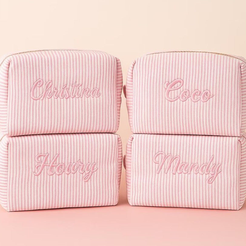 Personalized Seersucker Makeup Bag: Embroidered Cosmetic Travel Bag