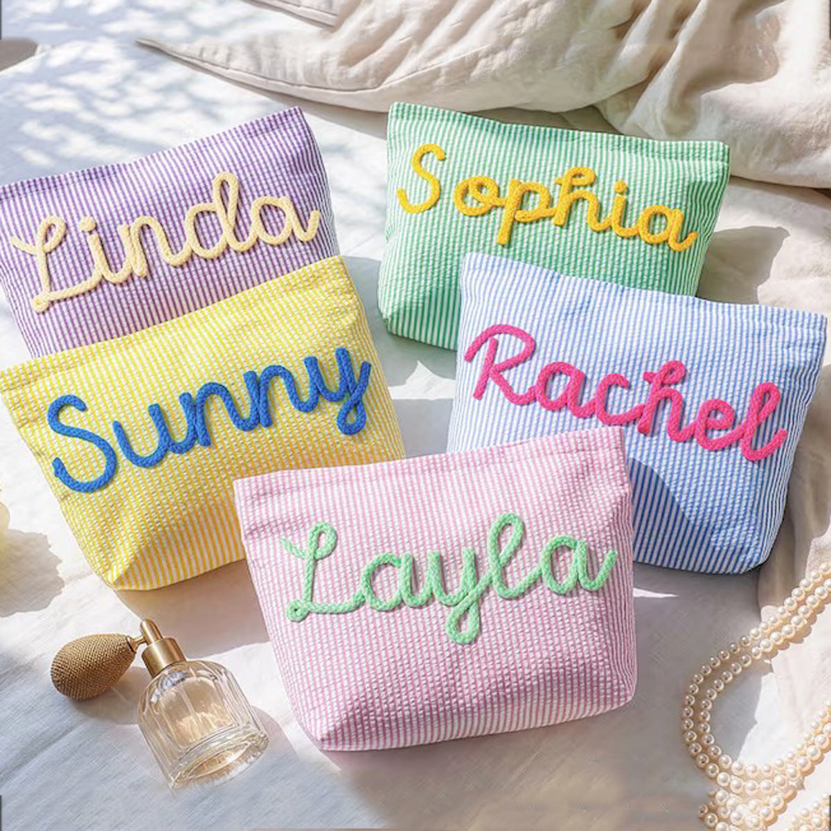 Personalized Kids Makeup Bag, Custom Corduroy Cosmetic Bag, Personalized Yarn Name Pouch, Large Toiletry Pouch, Gift for 5-10 Year Girls