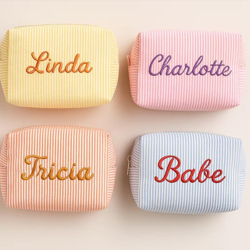 Personalized Seersucker Makeup Bag: Embroidered Cosmetic Travel Bag