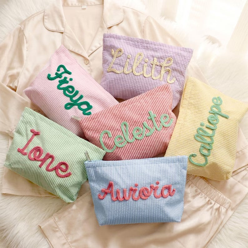 Personalized Kids Makeup Bag, Custom Corduroy Cosmetic Bag, Personalized Yarn Name Pouch, Large Toiletry Pouch, Gift for 5-10 Year Girls