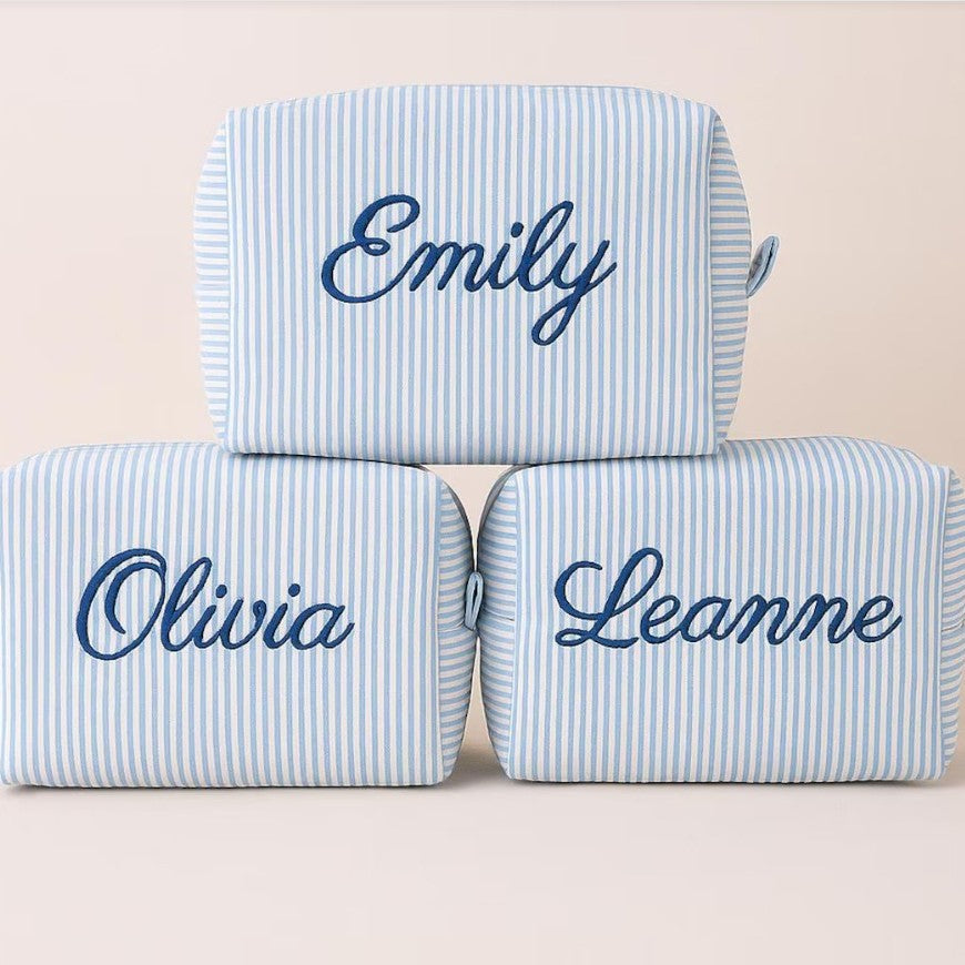 Personalized Seersucker Makeup Bag: Embroidered Cosmetic Travel Bag