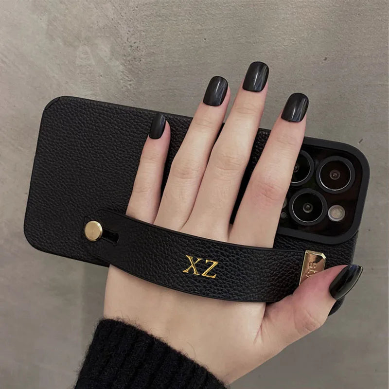 Personalise Gold Initial Letters Leather PU Wristband Cases For Iphone 15 14 11 12 13 Pro Max Xs Max XR X Luxury Soft Covers