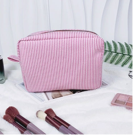 Personalized Seersucker Makeup Bag: Embroidered Cosmetic Travel Bag