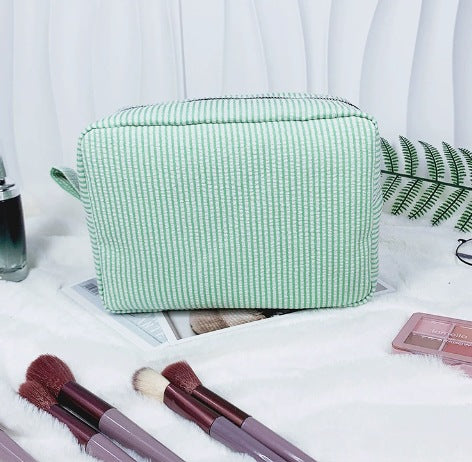 Personalized Seersucker Makeup Bag: Embroidered Cosmetic Travel Bag