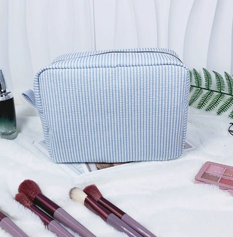 Personalized Seersucker Makeup Bag: Embroidered Cosmetic Travel Bag