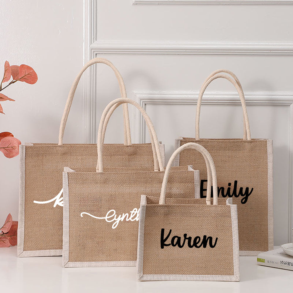 Personalized Burlap Tote Bags Custom Name Jute Bag Bridesmaid Gift Bag Bachelorette Party Monogram Beach Bag Wedding Favors Gift for Her