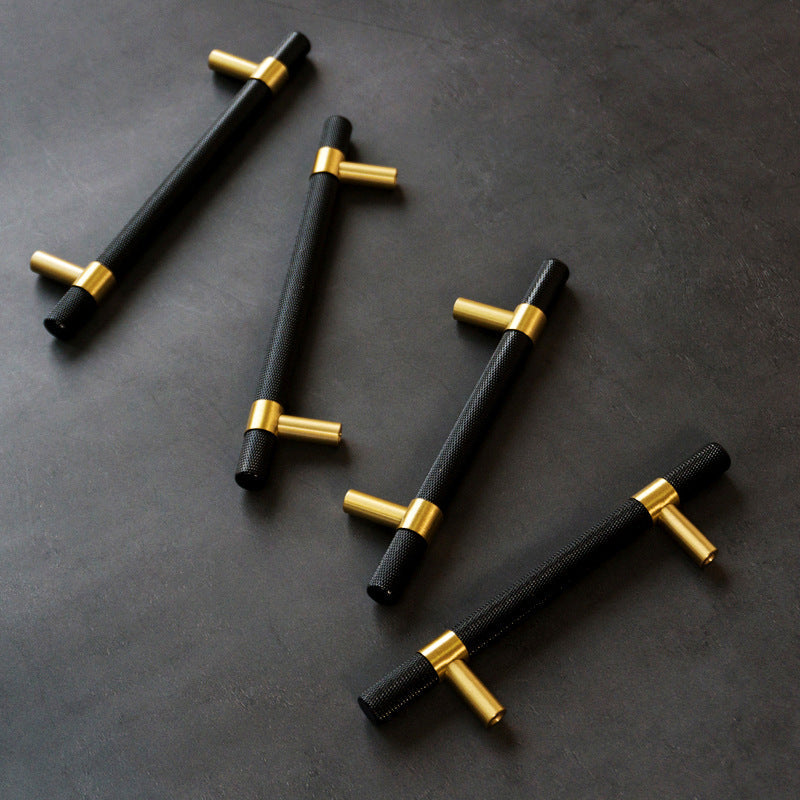 Knurled Solid Black & Brass Cabinet Knobs Dresser Handles