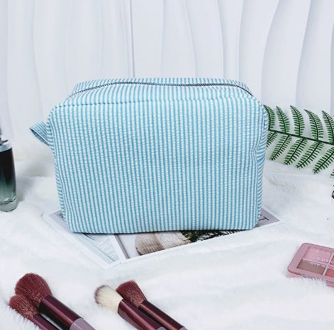 Personalized Seersucker Makeup Bag: Embroidered Cosmetic Travel Bag