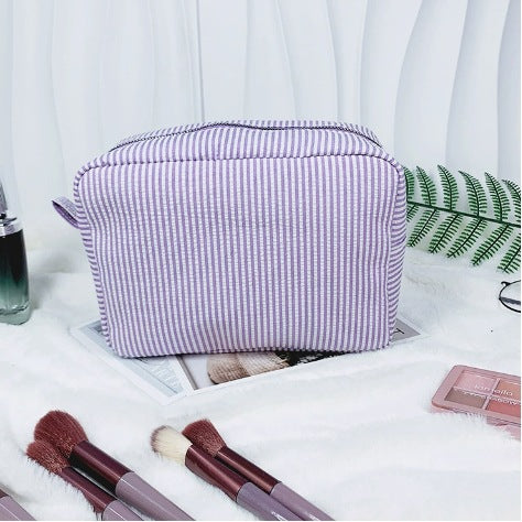 Personalized Seersucker Makeup Bag: Embroidered Cosmetic Travel Bag