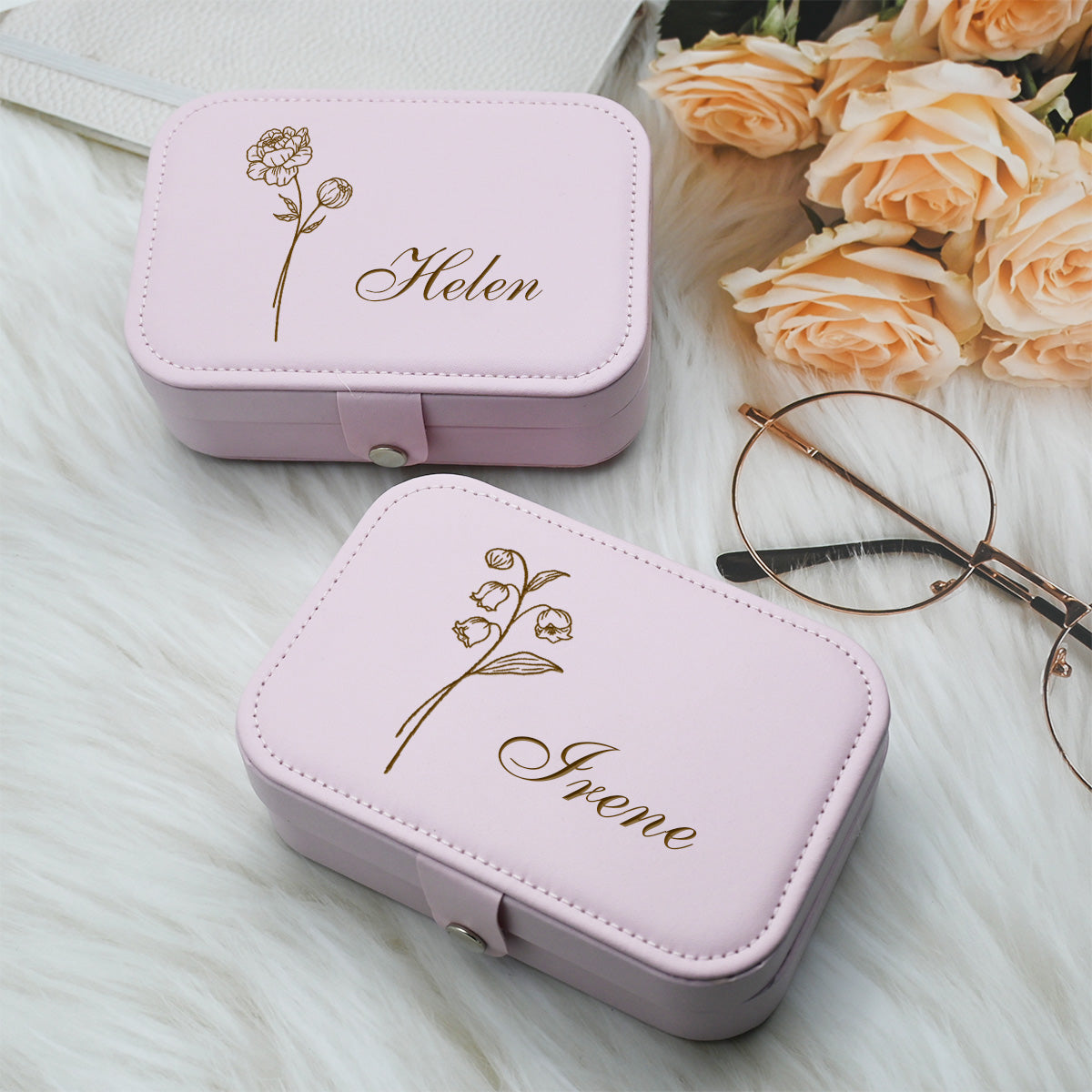 Personalized  Birthflower Jewelry Box, Engraved Leather Travel Jewelry Case for Women,Custom Jewelry Box for Mom,Birthday Gift for Her,Bridesmaid Proposal Gift