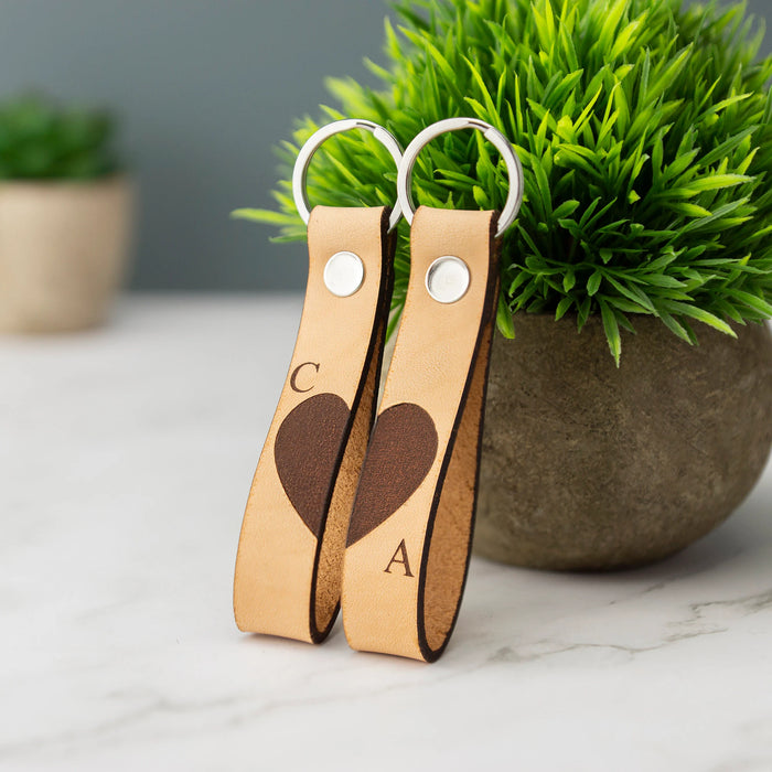 Personalised Leather Keyring Monogram Initials - Couples Gift Pair of Keyrings Valentines Hearts Love Married BF GF Christmas Birthday