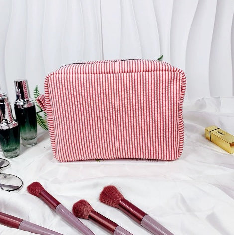 Personalized Seersucker Makeup Bag: Embroidered Cosmetic Travel Bag