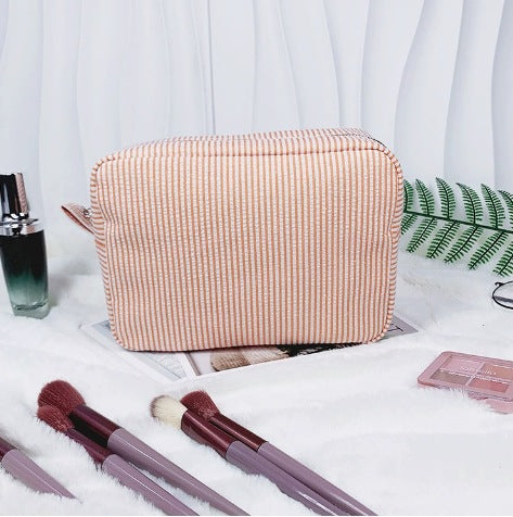 Personalized Seersucker Makeup Bag: Embroidered Cosmetic Travel Bag