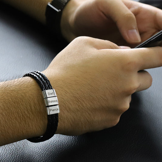 Personalized Leather Bracelet for Men: Custom Sterling Silver Bead Braided Band