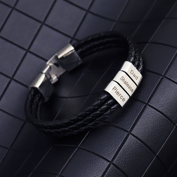 Personalized Leather Bracelet for Men: Custom Sterling Silver Bead Braided Band