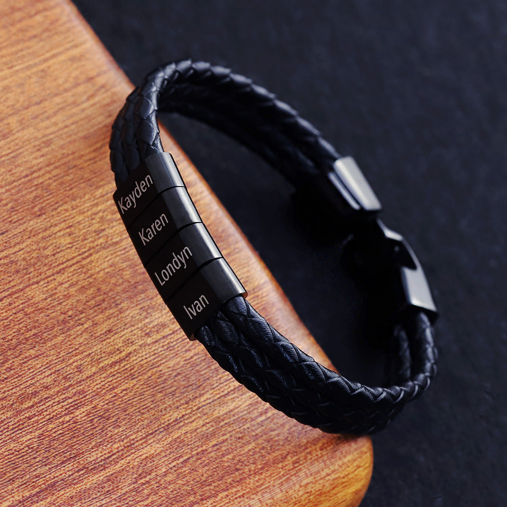 Personalized Leather Bracelet for Men: Custom Sterling Silver Bead Braided Band