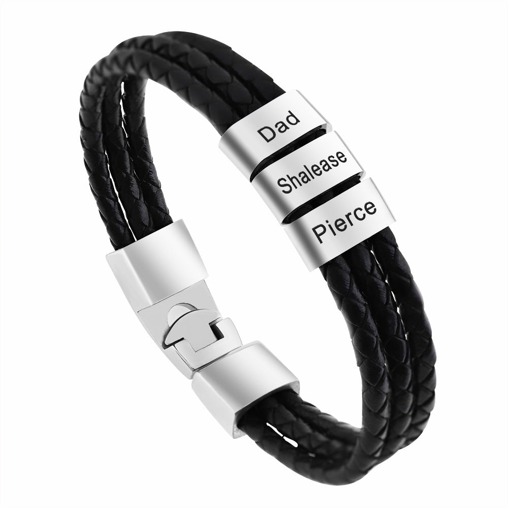 Personalized Leather Bracelet for Men: Custom Sterling Silver Bead Braided Band