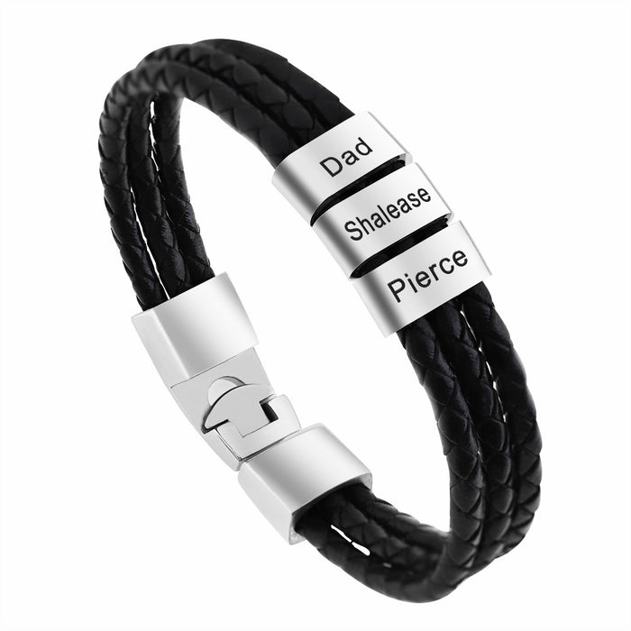 Personalized Leather Bracelet for Men: Custom Sterling Silver Bead Braided Band