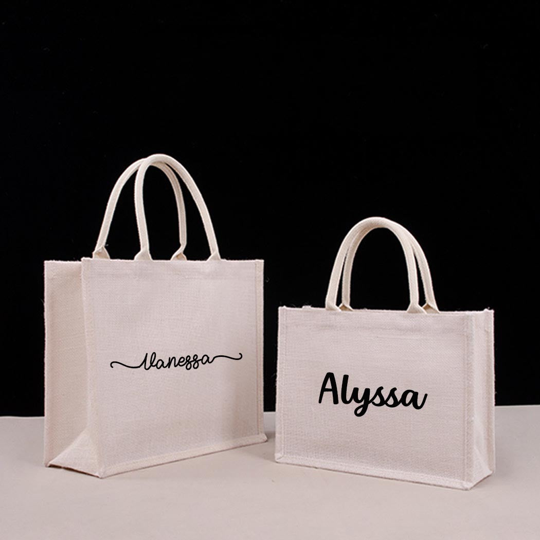 Personalized White Burlap Tote Bags Custom Name Jute Bag Bridesmaid Gift Bag Bachelorette Party Monogram Beach Bag Wedding Favors