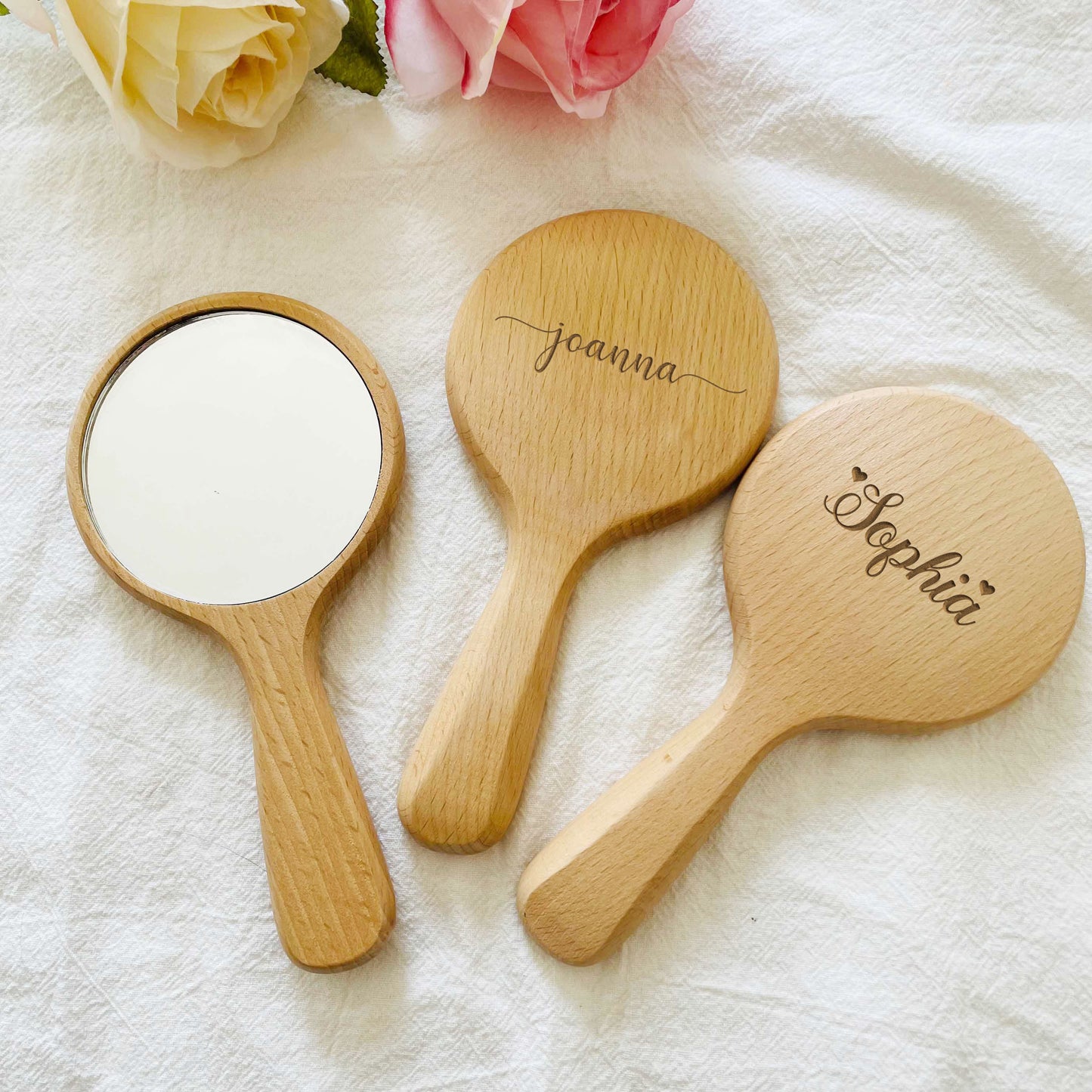 Personalized Wooden Handheld Mirror, Engraved Makeup Mirror, Custom Mirror with Name