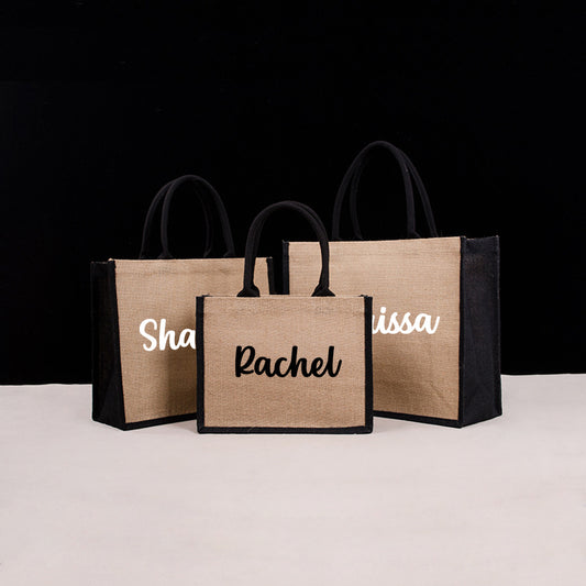 Personalized Bridesmaid Tote Bags, Custom Black Burlap Tote Bag, Black Jute Bag, Monogram Beach Tote, Bag with Name, Custom Wedding Tote