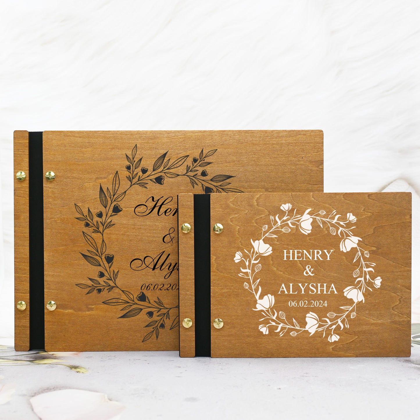 Floral wedding guest book made of wood, memory book, photo book