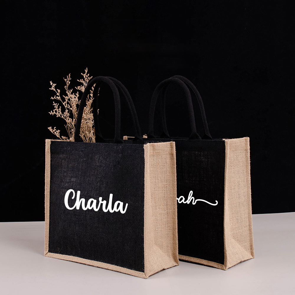 Personalized Black Burlap Tote Bag, Custom Bridesmaid Tote Bags, Black Jute Bag, Monogram Beach Tote Bag with Name, Custom Wedding Tote