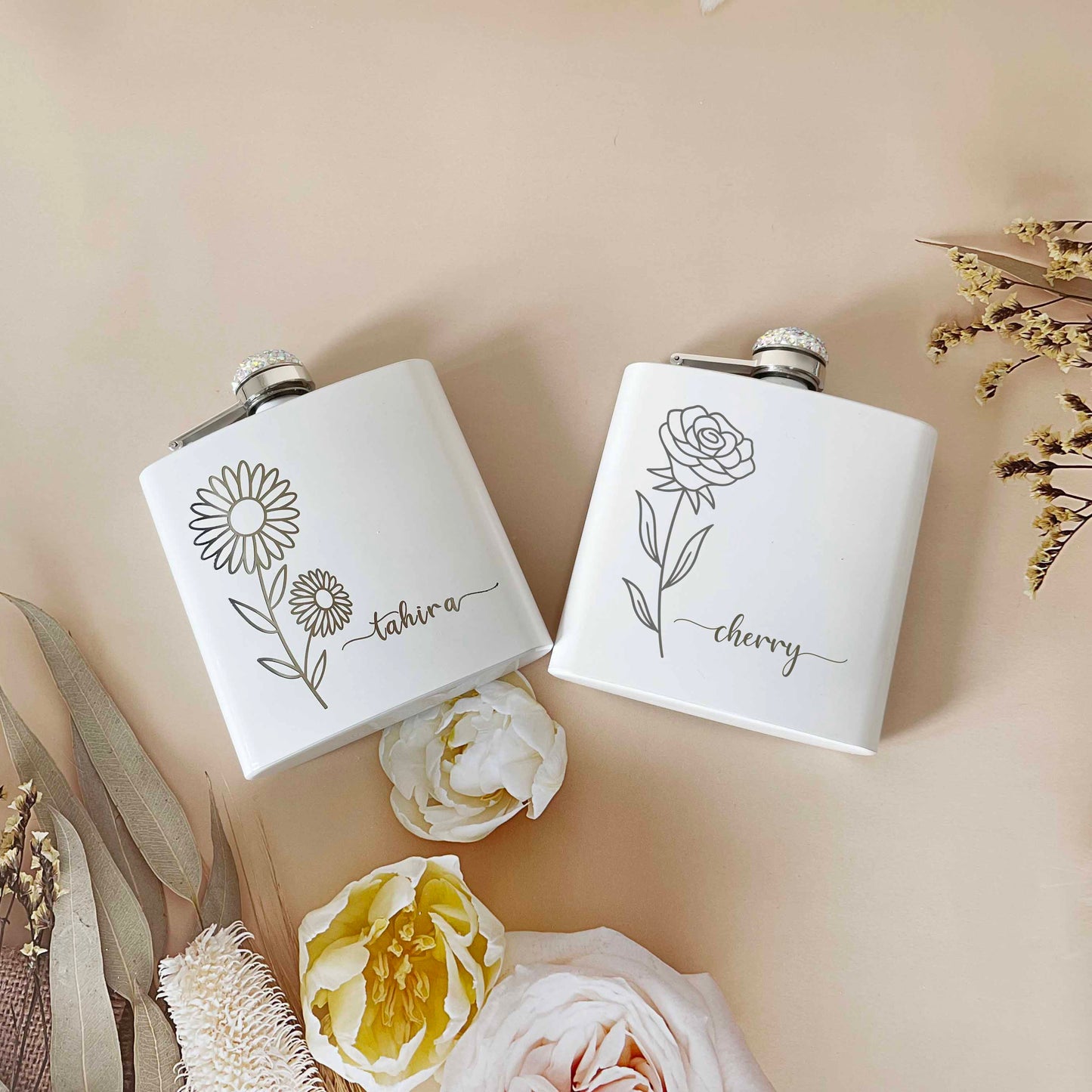 Personalized Flask for Women, Birth Month Flower with Name Flask Gift, 6oz White Flask with Shining Rhinestone Cap, Custom Birthday Gift, Bridesmaid Gift Party Favor