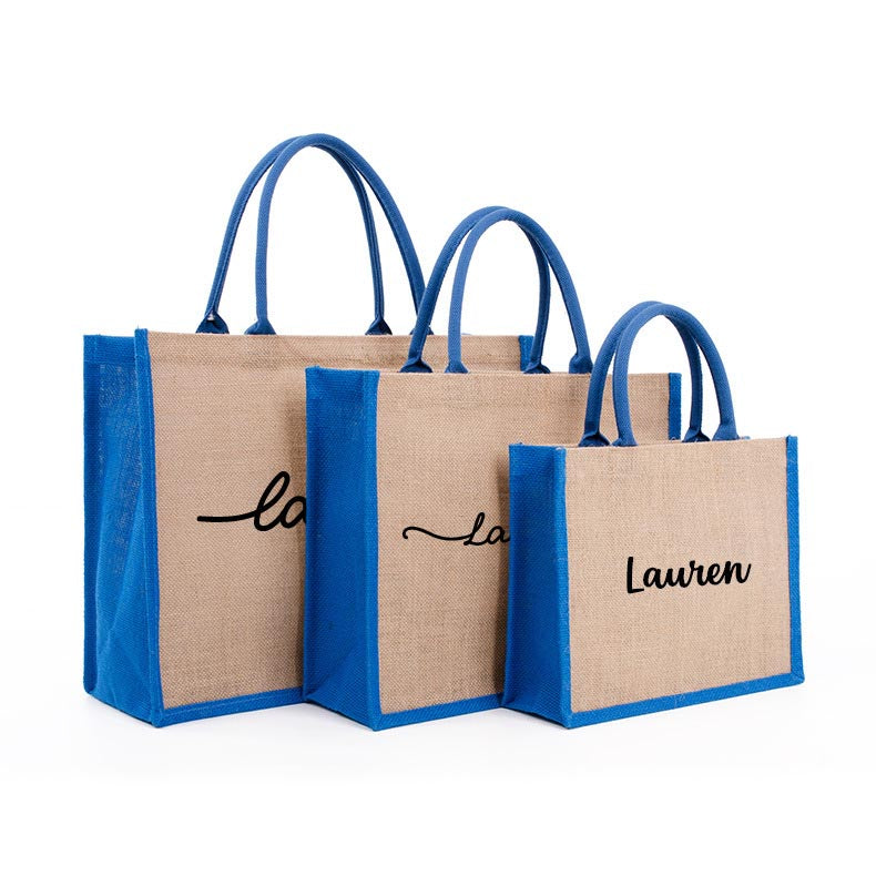 Personalized Blue Tote Bag Gift for Women w/Name, Customized Jute Bag for Beach Wedding Travel Work, Burlap Bag Bridal Shower Birthday Gifts