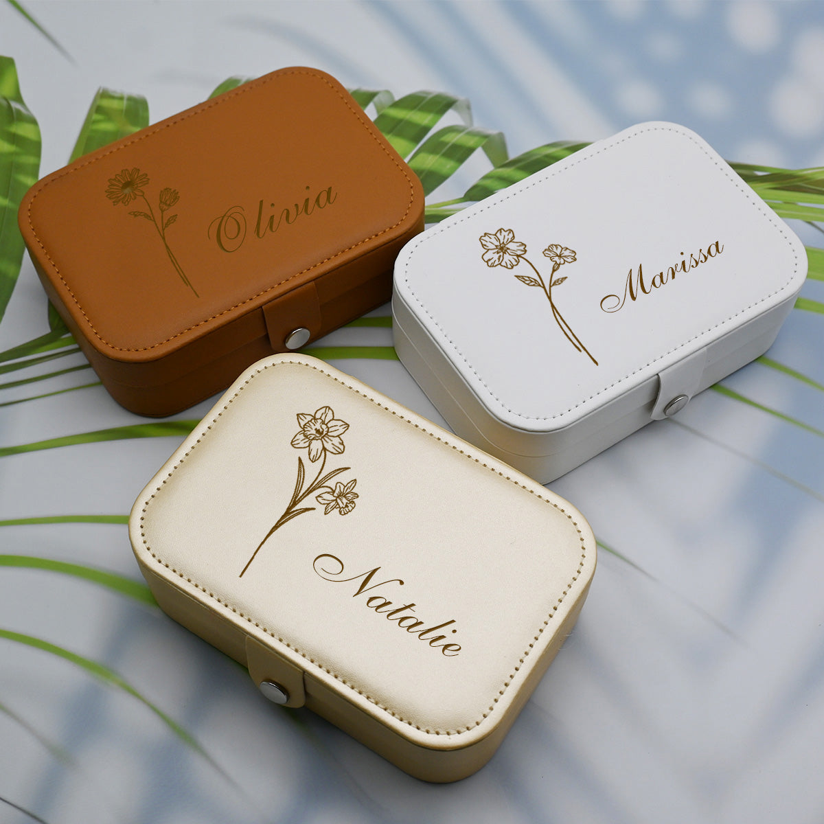 Personalized  Birthflower Jewelry Box, Engraved Leather Travel Jewelry Case for Women,Custom Jewelry Box for Mom,Birthday Gift for Her,Bridesmaid Proposal Gift