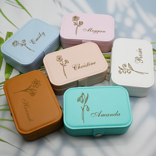 Personalized  Birthflower Jewelry Box, Engraved Leather Travel Jewelry Case for Women,Custom Jewelry Box for Mom,Birthday Gift for Her,Bridesmaid Proposal Gift