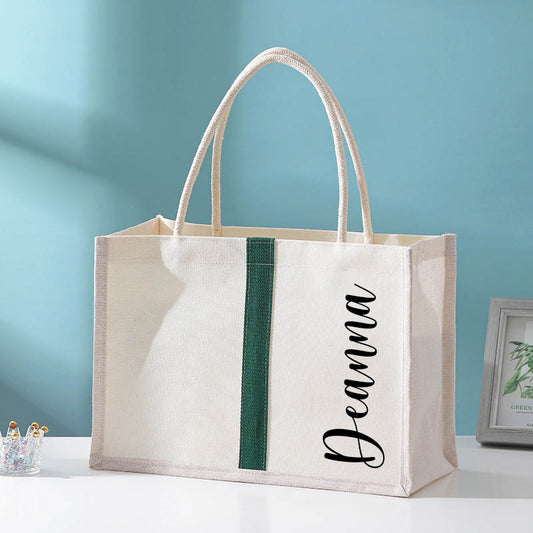 Personalized White Canvas Bags with Green Stripe,  Custom Tote Bag Bridesmaid Gift with Name, Girls Trip Gifts Beach Bag, Bachelorette Party Wedding Favors