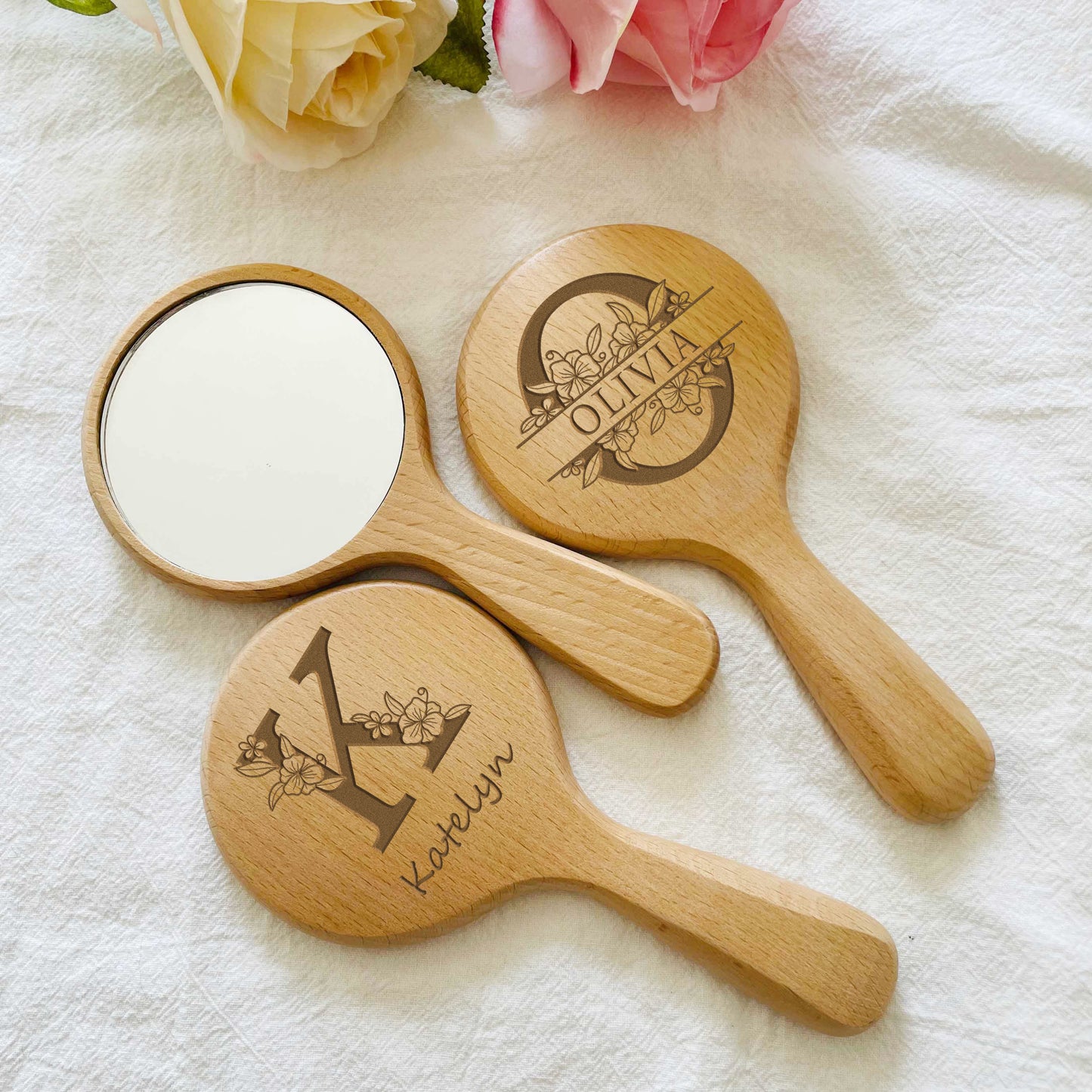 Personalized Wooden Handheld Mirror, Engraved Makeup Mirror, Custom Mirror with Name