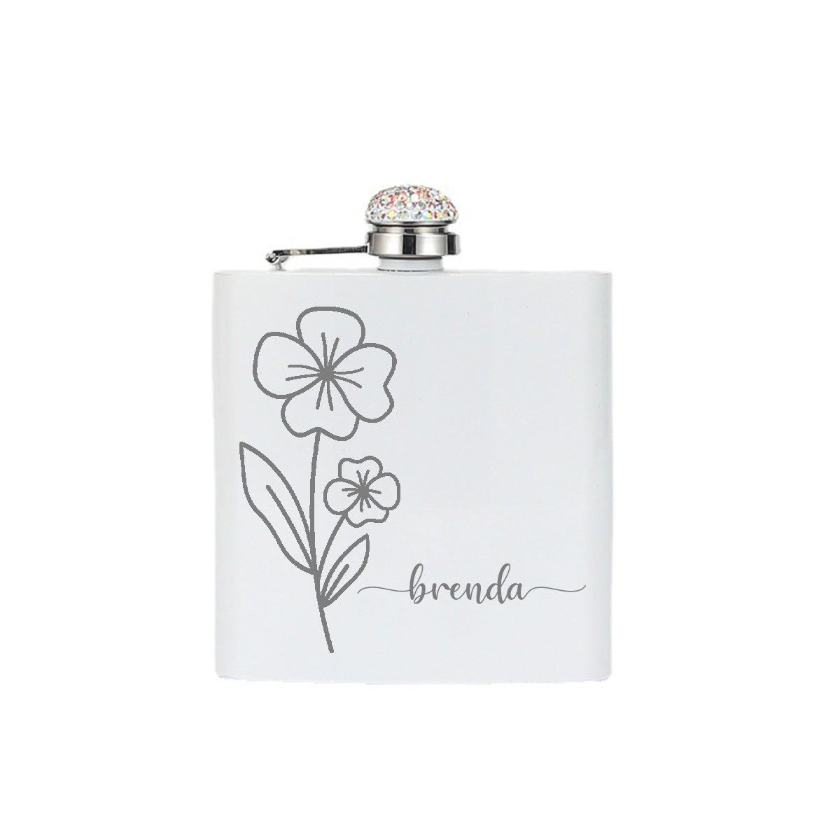 Personalized Flask for Women, Birth Month Flower with Name Flask Gift, 6oz White Flask with Shining Rhinestone Cap, Custom Birthday Gift, Bridesmaid Gift Party Favor