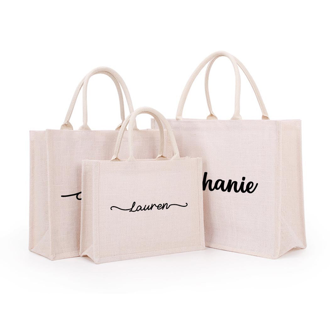 Personalized White Burlap Tote Bags Custom Name Jute Bag Bridesmaid Gift Bag Bachelorette Party Monogram Beach Bag Wedding Favors