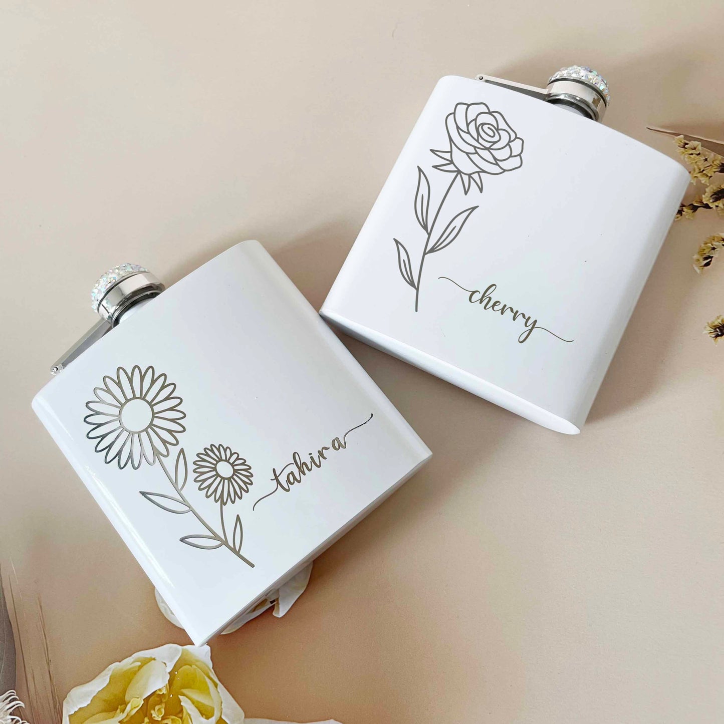 Personalized Flask for Women, Birth Month Flower with Name Flask Gift, 6oz White Flask with Shining Rhinestone Cap, Custom Birthday Gift, Bridesmaid Gift Party Favor