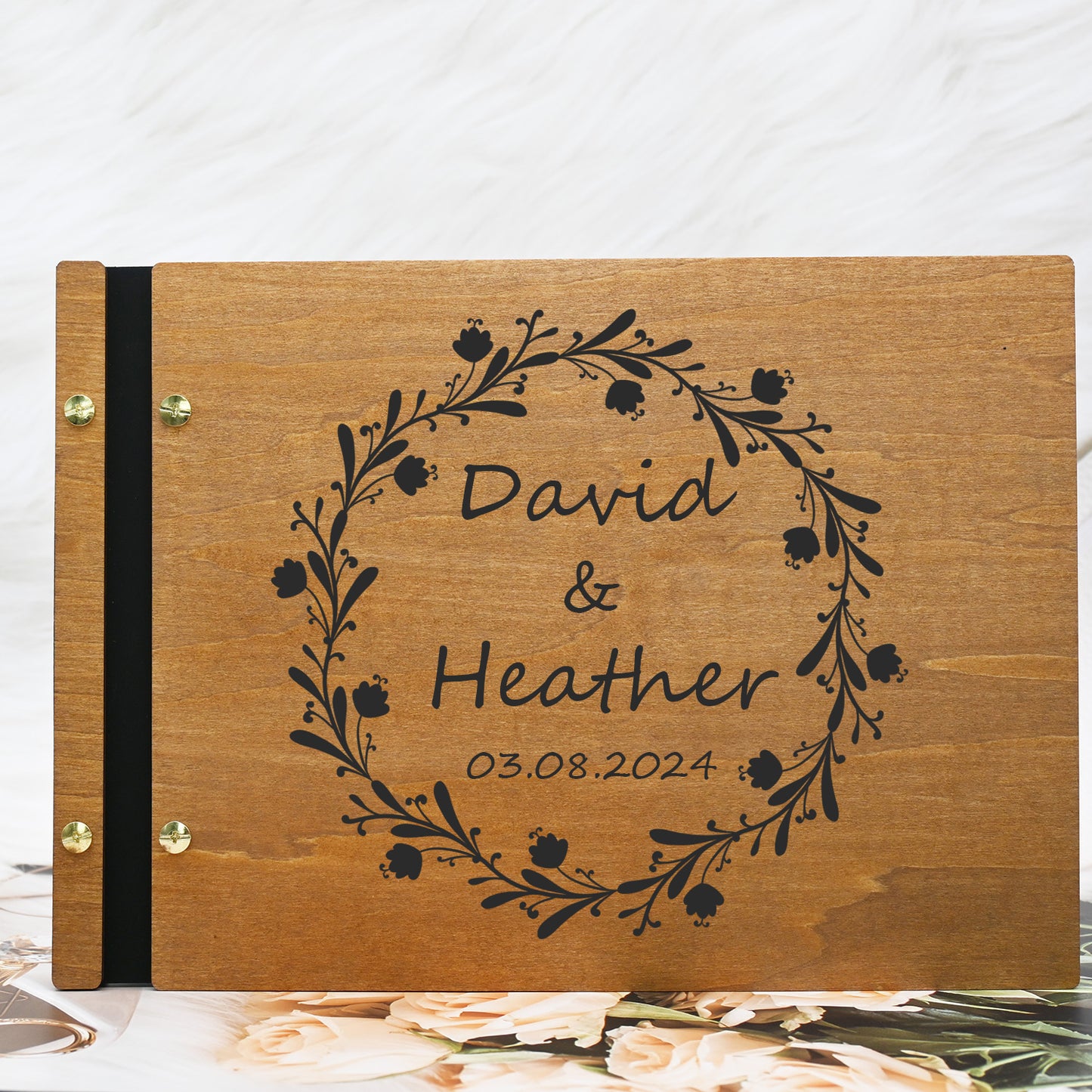 Floral wedding guest book made of wood, memory book, photo book