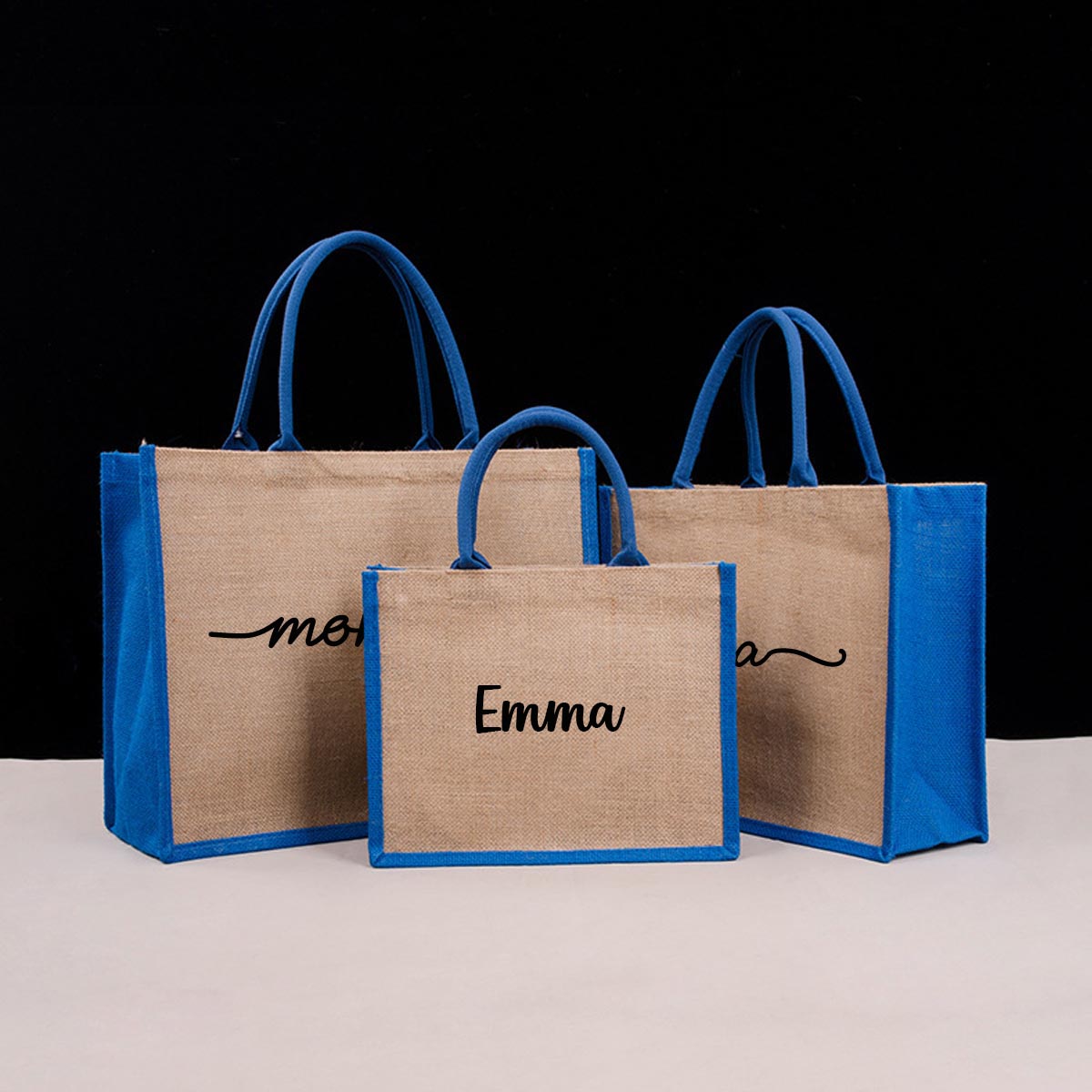 Personalized Blue Tote Bag Gift for Women w/Name, Customized Jute Bag for Beach Wedding Travel Work, Burlap Bag Bridal Shower Birthday Gifts