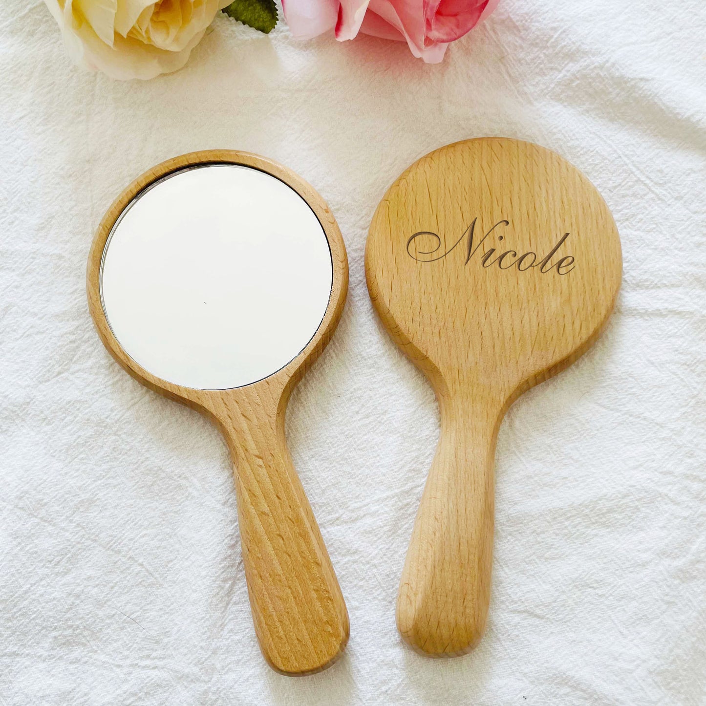 Personalized Wooden Handheld Mirror, Engraved Makeup Mirror, Custom Mirror with Name