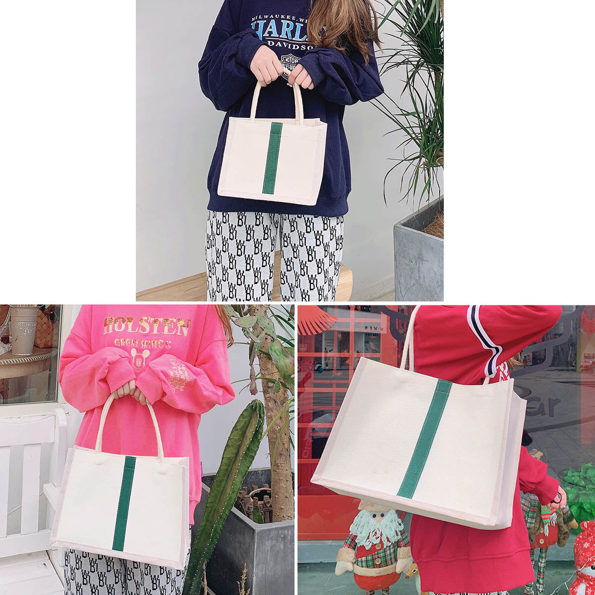 Personalized White Canvas Bags with Green Stripe,  Custom Tote Bag Bridesmaid Gift with Name, Girls Trip Gifts Beach Bag, Bachelorette Party Wedding Favors