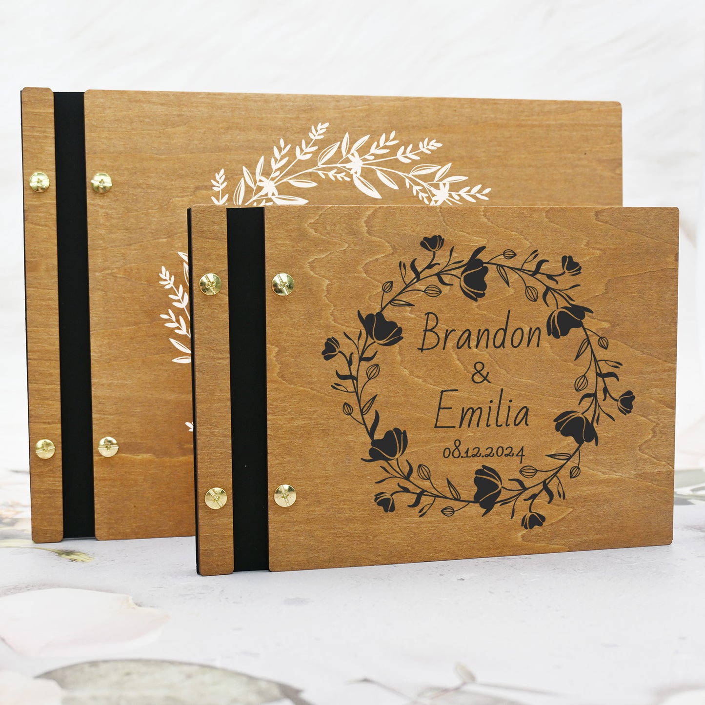 Floral wedding guest book made of wood, memory book, photo book